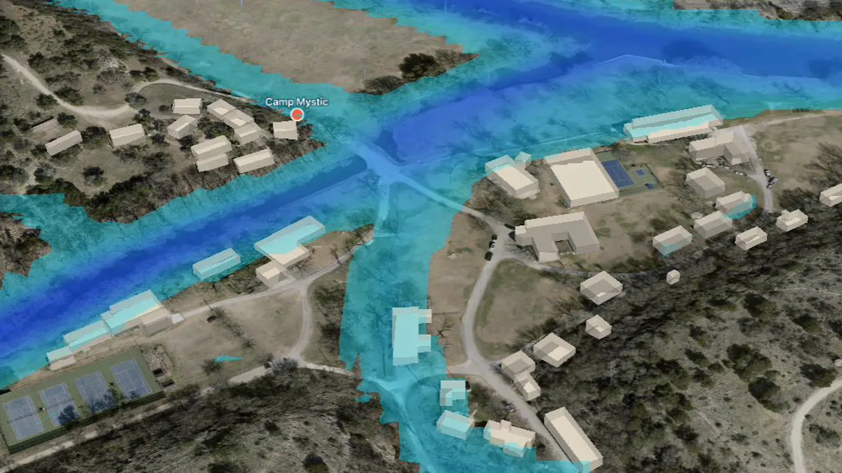 Oblique 3D view of Camp Mystic on the Guadalupe River with modelled flood depth in blue across the camp