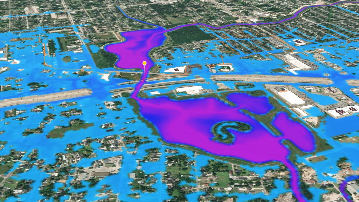 Oblique 3D view of Halls Bayou at the Jensen Drive stream gage with modelled Hurricane Beryl flood depth in blue and magenta