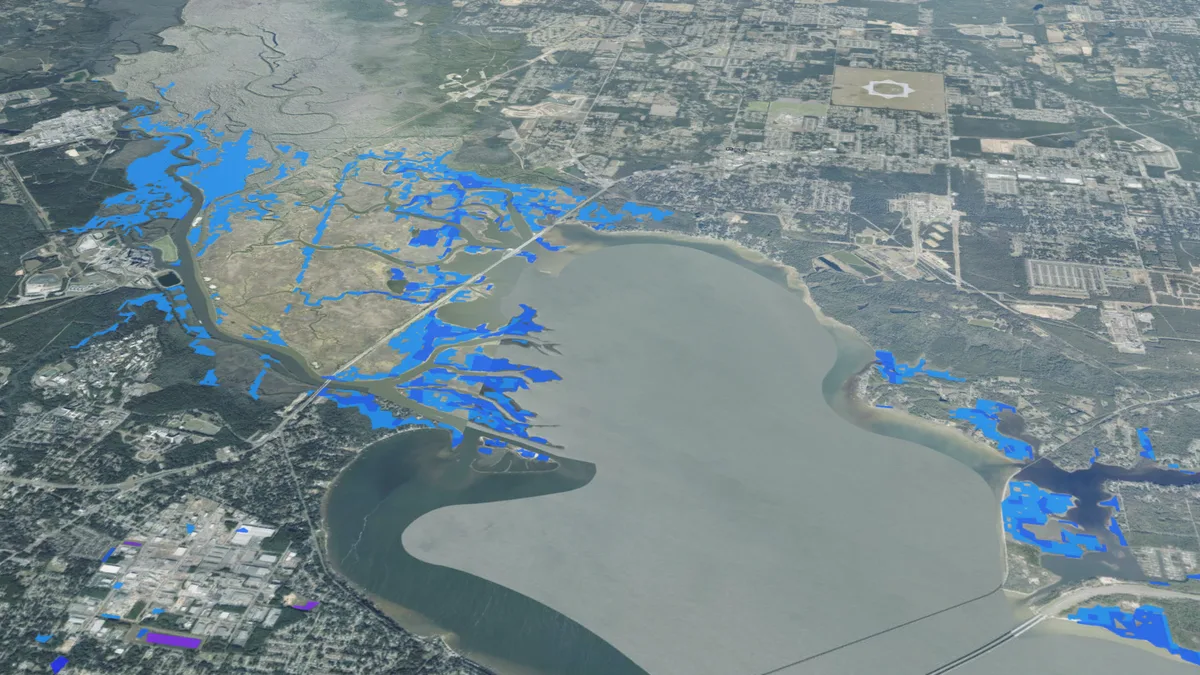 Oblique 3D view of the Escambia River delta and Escambia Bay with forecast flood depth in blue and purple