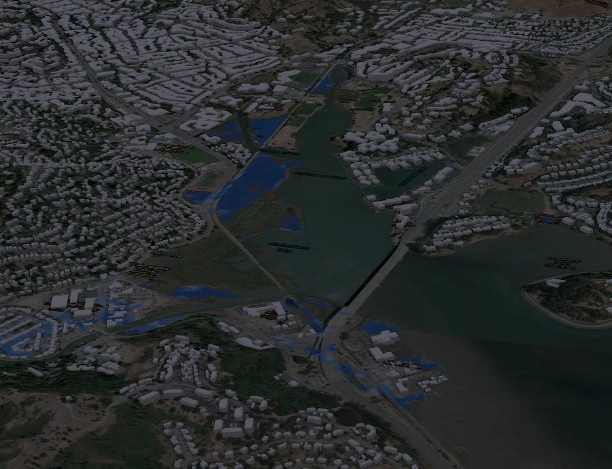 Oblique 3D view over Richardson Bay and Mill Valley with modelled inundation picked out in blue