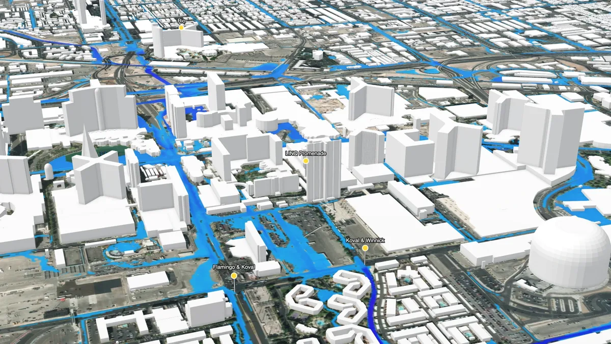 Oblique 3D view of the Las Vegas Strip and the Sphere with modelled flood depth in blue along the streets